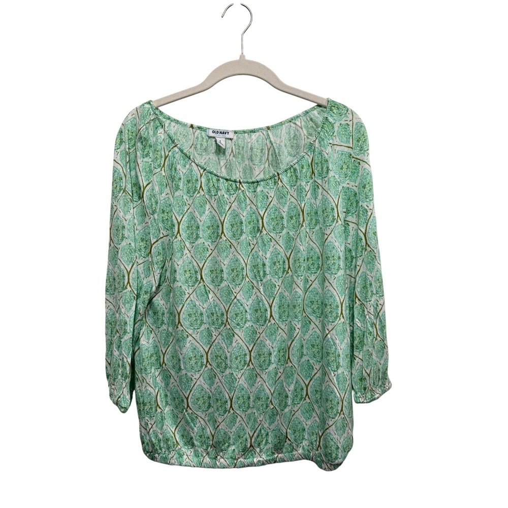 Old Navy Top Womens M Green Paisley Bubble‎ Hem Blouse 3/4 Sleeve Boho Peasant